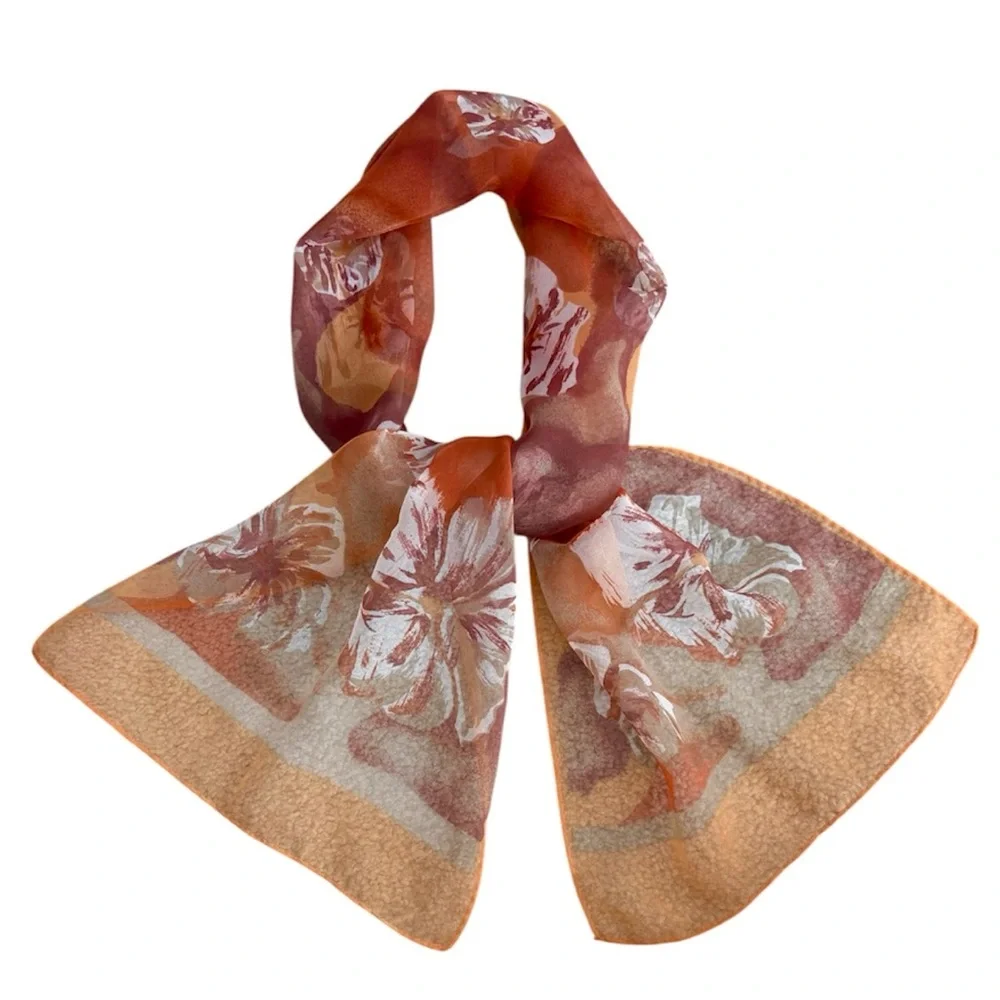 Vintage Silk Scarf Luxury Floral Botanical Print Hibiscus Flower Tan Coral Ivory